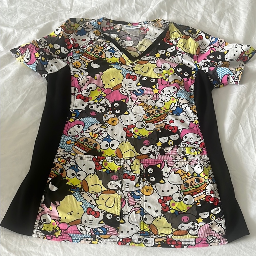 Colorful Hello Kitty and friends Cartoon Print Scrub Top